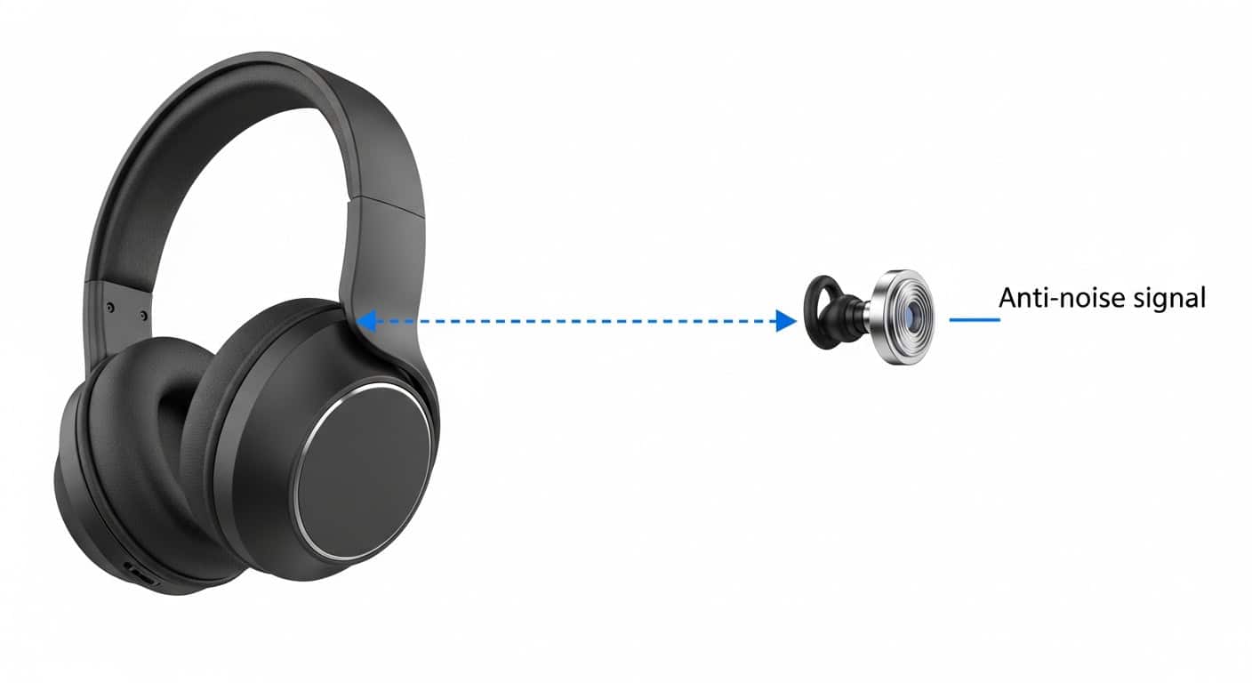 Illustration of feedforward and feedback microphone placement in ANC headphones.