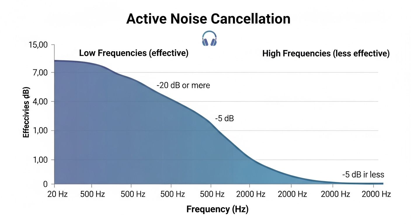 Graph illustrating how ANC is more effective at low frequencies than high frequencies.