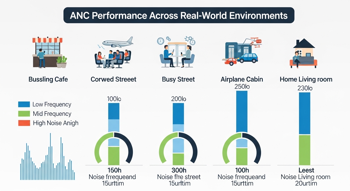 Diagram comparing ANC performance in different real-world environments.