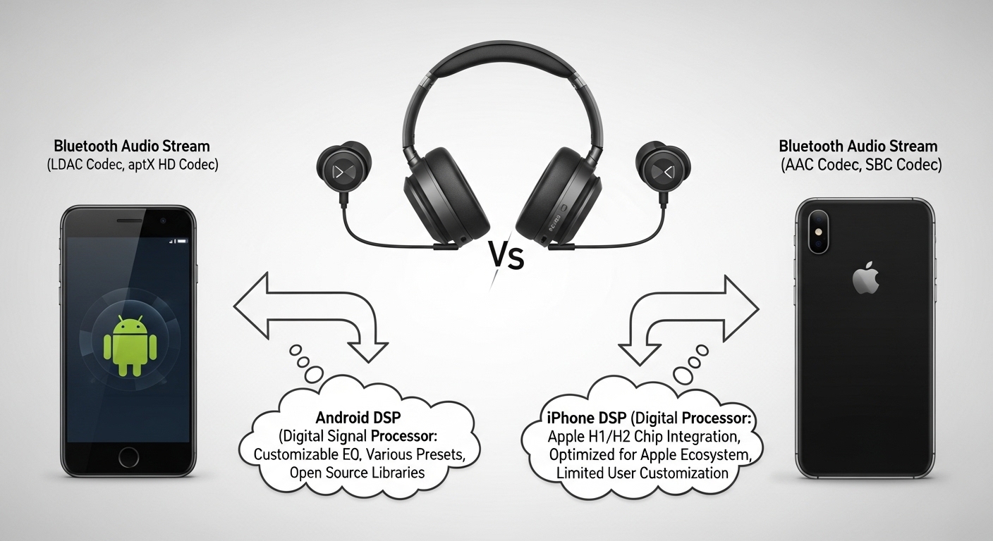 Illustration of device differences showing two phones (Android and iPhone) sending different Bluetooth audio streams to a pair of ANC headphones, with arrows highlighting codec and DSP differences.