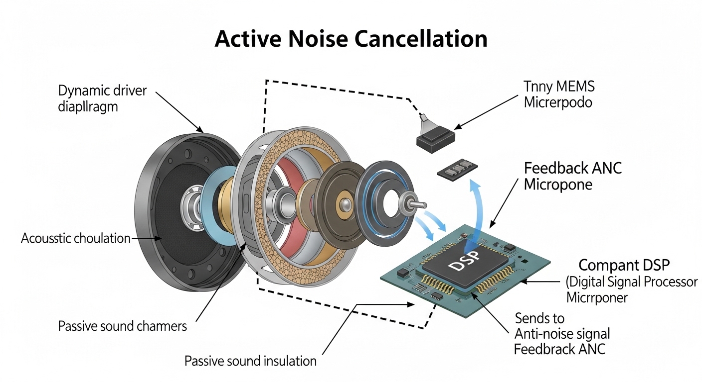 Illustration of headphone components including microphones, DSP chip, driver, and ear cup showing how each contributes to ANC and sound.