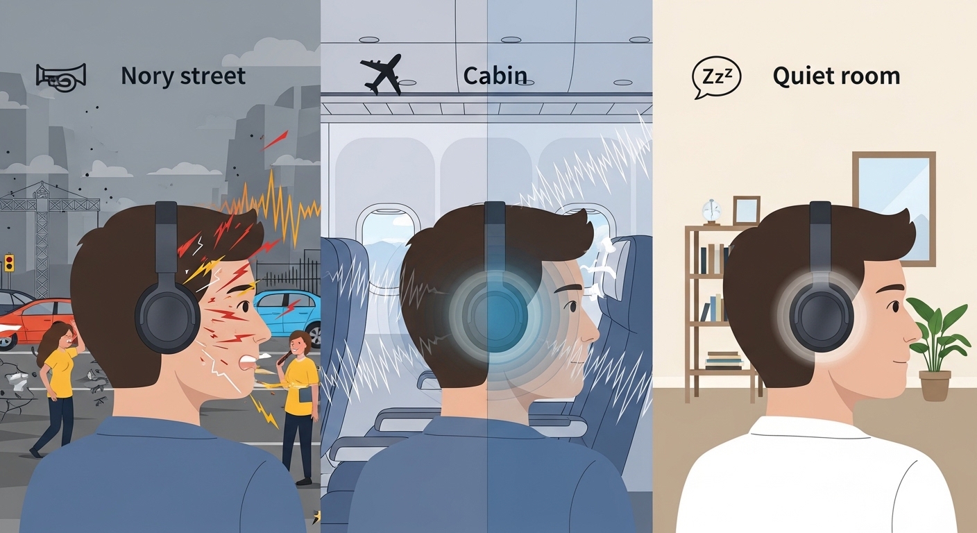 Illustration comparing ANC performance in three scenarios: noisy street, airplane cabin, quiet room, showing different perceived results.