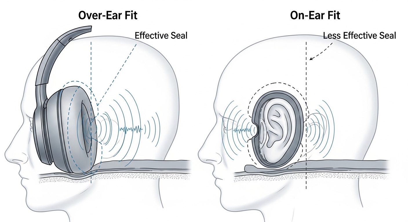 Illustration of over-ear vs on-ear fit and seal, showing head cross-section and inverse sound waves interacting with headphone cups.