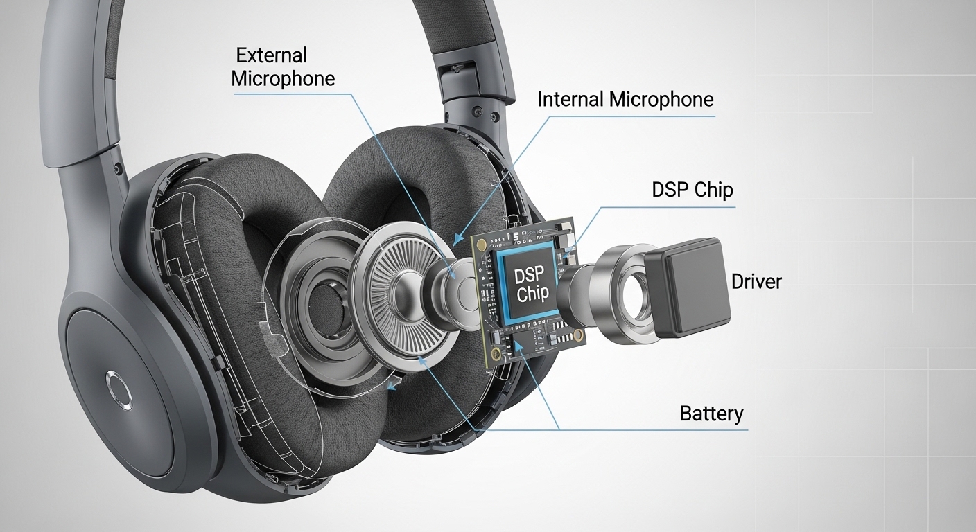 Illustration of ANC components: external and internal microphones, DSP chip, driver placement, and battery location.