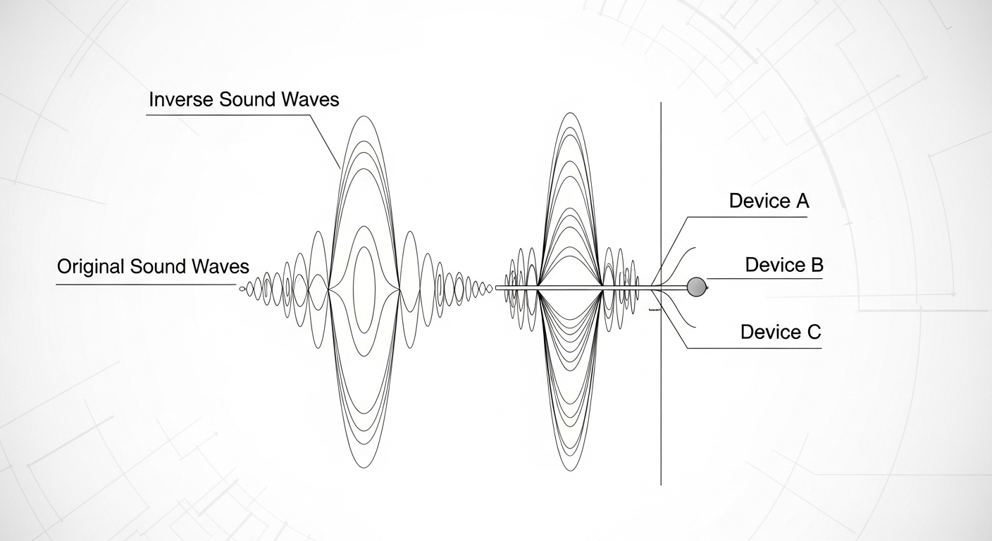 Illustration of inverse sound waves and device differences showing performance curves over time.