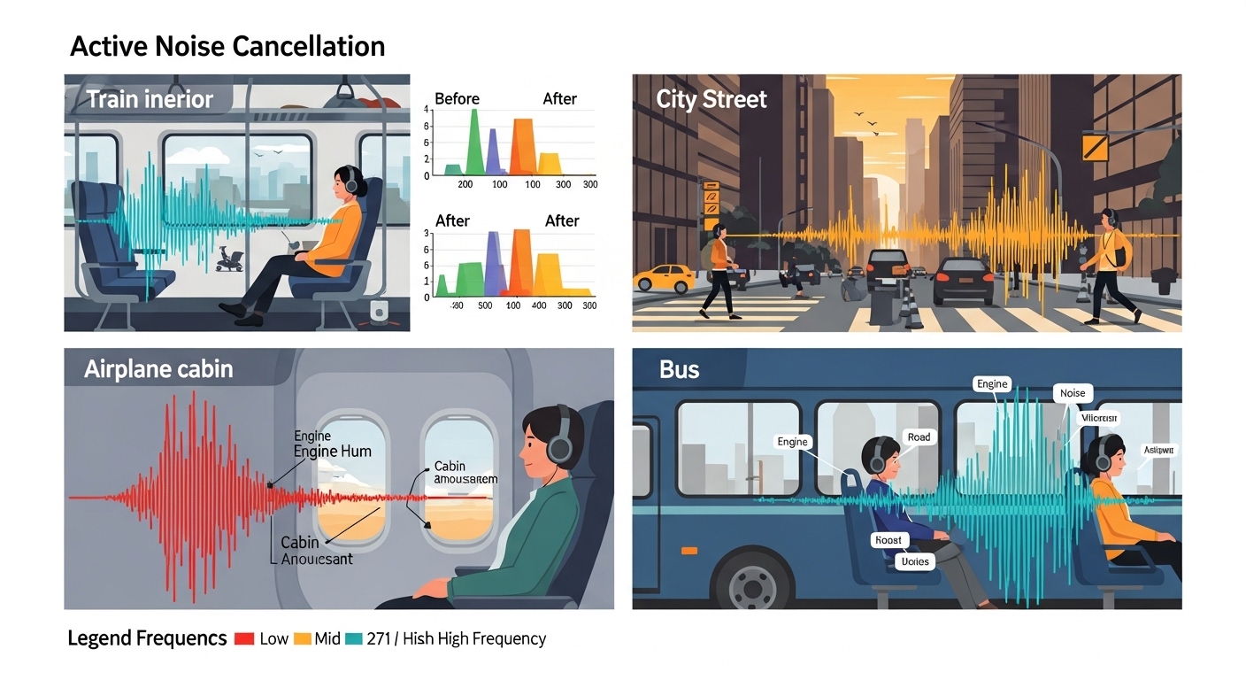 Illustration comparing ANC performance in different scenarios: train interior, city street, airplane cabin, and bus with varying noise frequencies.