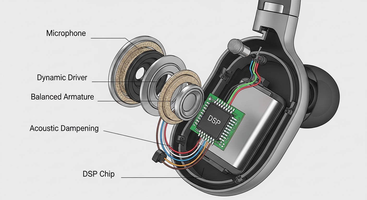 Illustration of microphone placement, driver components, battery pack, and DSP chip within a headphone cup.