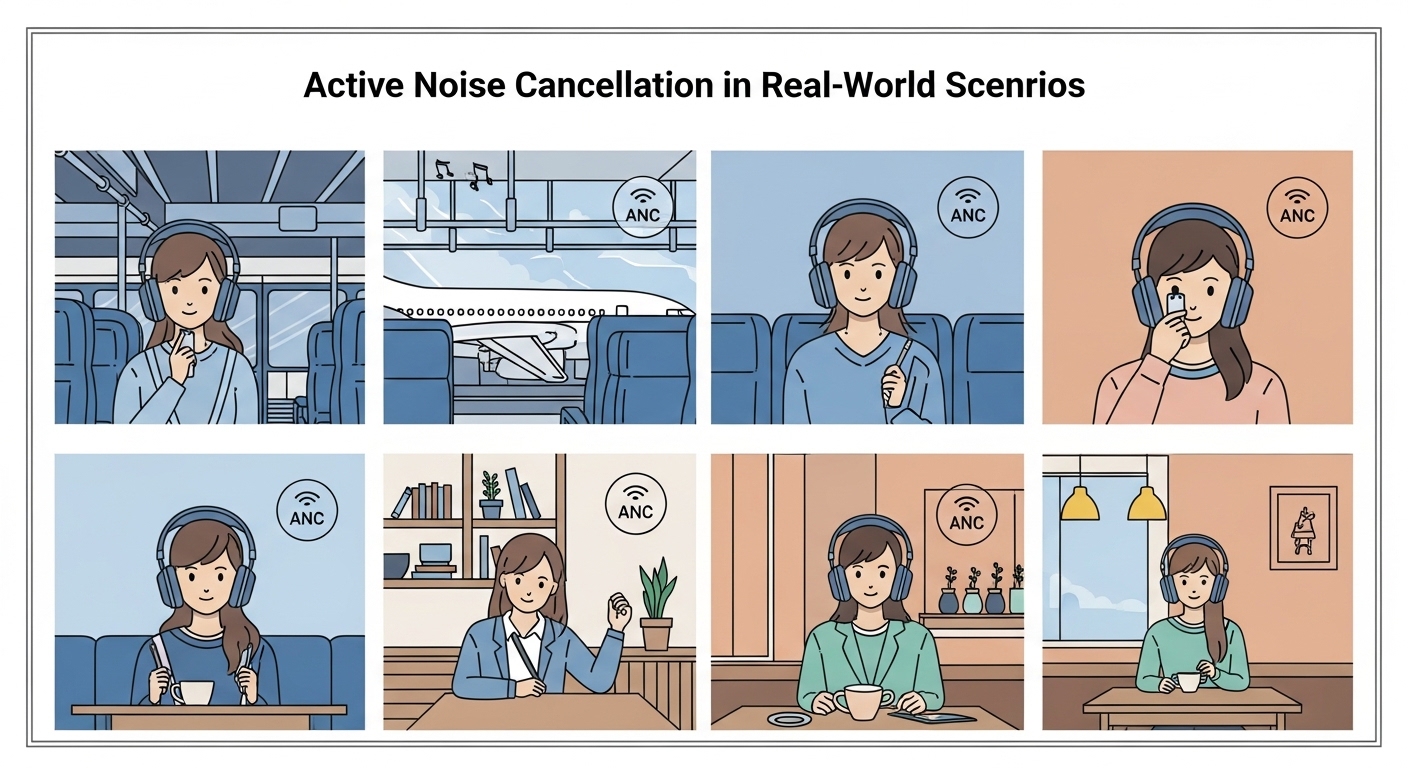 Illustration comparing ANC performance in different real-world scenarios: subway, café, airplane, office.