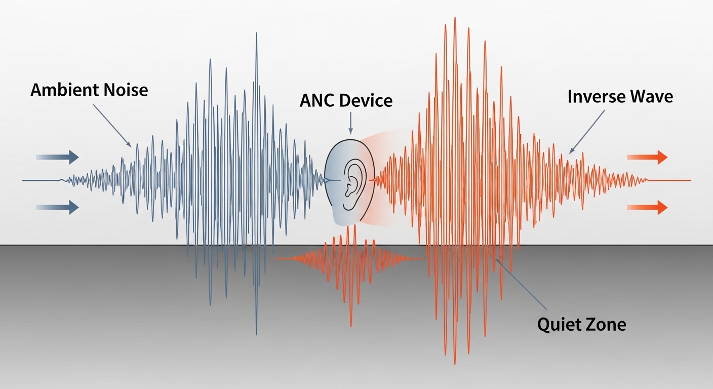 Illustration of inverse sound waves showing how ANC cancels out low-frequency ambient noise.