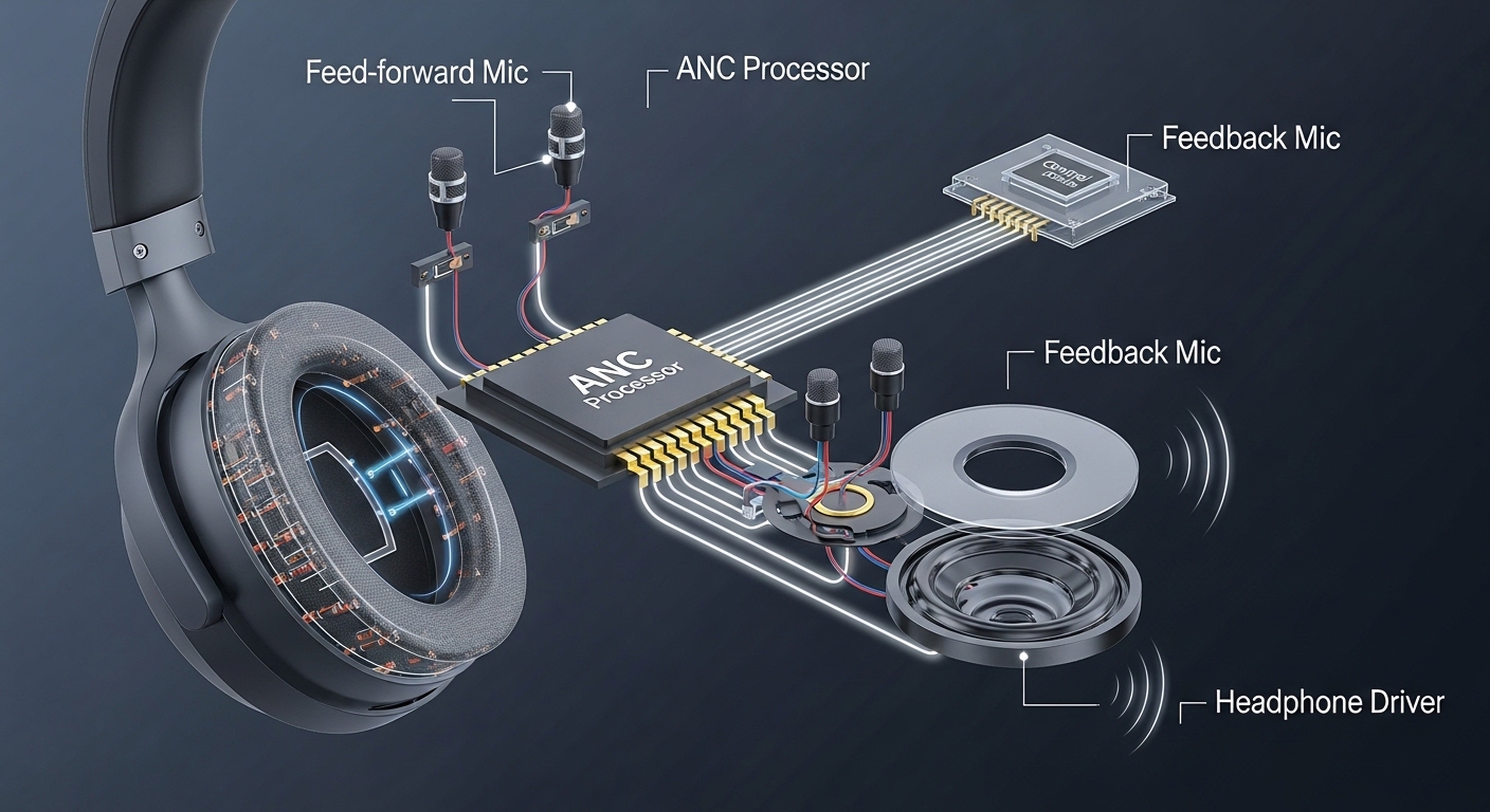 Cutaway diagram of noise-canceling headphones showing microphones, digital signal processor, and headphone drivers.